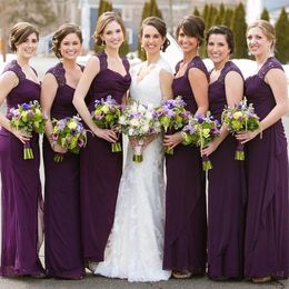 2017 Elegant Eggplant Purple Chiffon Bridesmaid Dresses Long Scoop Lace Shoulder Sheath Maid Of Honour Wedding Guest Gown Custom EN11086