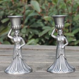 Pewter plated angel candle stick for wedding or events, 1 pair / retro single head candlesticks 14 cm height home decorations