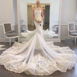 Gorgeous One Shoulder Lace Wedding Dresses 2015 Lace Appliques Cathedral Train Mermaid Wedding Dress Sheer Tulle Ruched Elegant Bridal Gowns