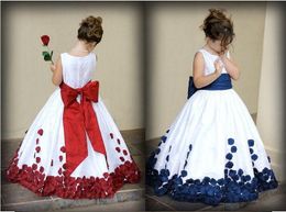 Flower Girl Dresses With Red And White Bow Knot Rose Taffeta Ball Gown Jewel Neckline Little Girl Party Pageant Gowns Fall New274A
