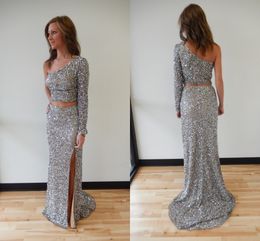 One Shoulder Mermaid Style Prom Dresses Long Sleeves Sequined Two Pieces Dresses Evening Wear Sweep Train Sexy Side Split Evening Dress