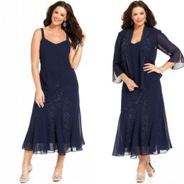 Vintage 2016 Navy Blue Chiffon Spaghetti Beaded Tea Length Plus Size Mother Off The Bride Dresses With 3/4 Long Sleeve Jacket EN2262