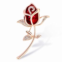 Amazing Big Glass Stone Gold Plated Alloy Stunning Crystals Rose Brooch Elegant Women Jewelry Broach Pins