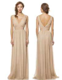 Simple Wedding Dresses Cheap Bridesmaid Dresses Sexy V Neck Chiffon Open Back Zipper Ruched Beaded Floor Length Prom Dresses