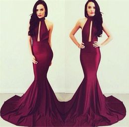 Sexy Burgundy Evening Dresses Halter Backless Floor Length Sleeveless High Neck Chiffon Bodice Plunging 2017 Prom Gowns Evening Dress