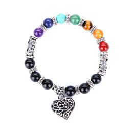 Fashion 7 Chakra Heart Bracelet 8mm Beads Colorful Stone Reiki Buddha Prayer Natural Stone Yoga Bracelet For Women Men