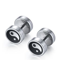 Stainless Steel Yin Yang Screw Stud Earring Yin Yang Setting on Stainless Steel Flesh Tunnel Ear Plug