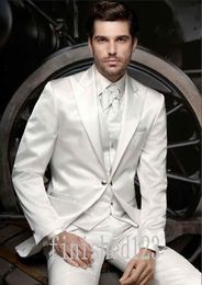 New Arrivals One Button White Groom Tuxedos Peak Lapel Groomsmen Best Man Wedding Prom Dinner Suits (Jacket+Pants+Vest+Tie) G3996