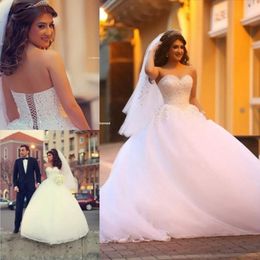 Puffy Tulle Lace Edge Ball Gown Wedding Dresses Beads Crystal Lace Up Back Sweetheart Off Shoulder Vestido De Noiva Bridal Gowns