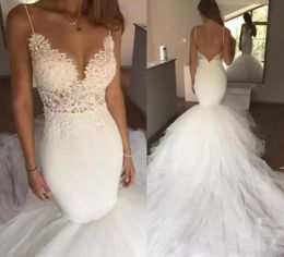 Sexy Backless Mermaid Wedding Dresses 2018 Summer Spaghetti Lace Top Bridal Gowns Tulle Sweep Train Beach Cheap Wedding Vestidos