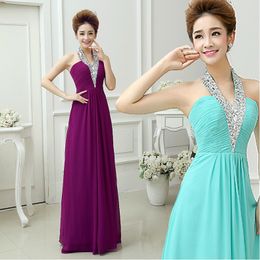 Fashion Halter V-Neck A-Line Party Dresses Pleated Beadings Sleeveless Custom Made Formal Long Bridesmaid Dresses