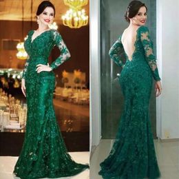 Gorgeous 2017 Dark Green Full Lace Illusion Long Sleeve Dresses Evening Wear Sexy Backless V Neck Formal Evening Gowns Custom EN11277