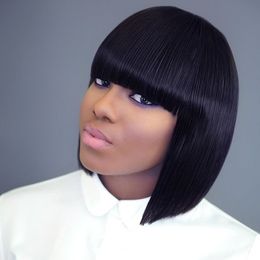 Short Bob Human Hair Wig Full Bangs Glueless Short Brazilian Straight Human Hair Wig with fringe for Black Woman 180% density DIVA1