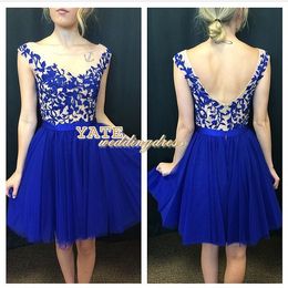 Beautiful 2015 Sheer Crew Backless A-line Tulle/Net Lace Evening Gowns Custom Made Short Prom Homecoming Dress