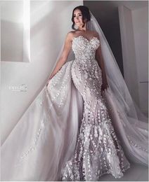 Sweetheart Plus Size Mermaid Wedding Dresses With Detachable Train Lace 3D Floral Applique Beach Wedding Dress Sweep Train Sexy Bridal Dres