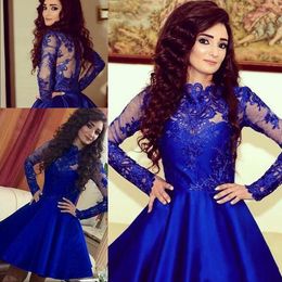 2019 Sexy New Royal Blue Short Knee Length Prom Dresses Lace Top Sheer Long Sleeves A Line Party Evening Cocktail Dresses