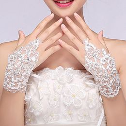 HOT Sale New Arrival Cheap In Stock Lace Appliques Beads Fingerless Wrist Length With Ribbon Bridal Gloves Wedding Accessories