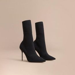 2017 Black Pointed Toe Elastic High Heels Knitting Slip on Women Ankle Boots Runway Socks Stretchy Bottes Femmes Shoes