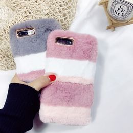 Warm Rabbit Fluffy Colourful phone case Villi Fur Plush Hard PC Case back Cover Skin for iPhone 6 7 8 iPhone X