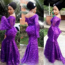 Nigerian Lace Styles Purple Mermaid Evening Dress Off the Shoulder Illusion Bell Flare Sleeves Peplum Custom Made Beaded Prom Party Gowns