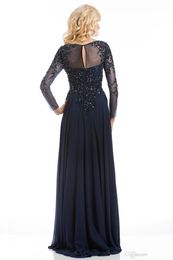 2019 Top Selling Elegant Navy Blue Mother of The Bride Dresses Chiffon See-Through Long Sleeve Sheer Neck Appliques Sequins Evenin302D