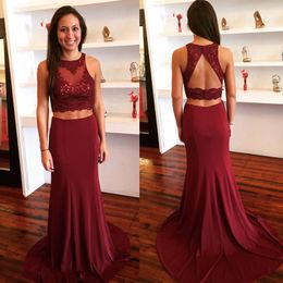 formal crop top dresses prom UK - New Two Pieces Prom Dress Long Formal Evening Party Gowns Jewel Neck Sleeveless Lace Appliques Open Back Crop Top Mermaid Evening Gown