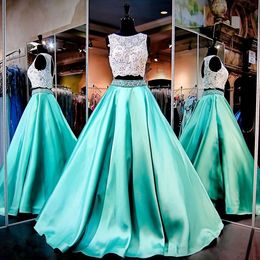 Gorgeous Two Piece Mint Green Prom Gowns Lace Crop Top Hollow Back Dresses Evening Wear Beading Crystals Ruffles Satin Robe De Soiree