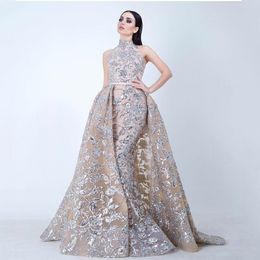 Yousef aljasmi Labourjoisie Evening Dresses Prom Gowns Overskirt Detachable Train Champagne Mermaid Lace Applique Party Dress High Neck