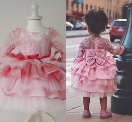 Jewel Ball Gown Long Sleeves Lace Sequins Ruffles Big Bow Cute Birthday Party Dresses Flower Girl Dress