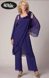 Blue Mother's Formal Chiffon Tunic Pant Suits For Wedding Party vestidos de madrinha Women Mother of the Groom Suits with Wrap Jacket