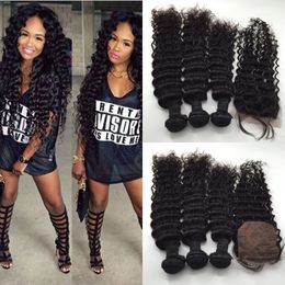 Malaysian Brazilian Hair With Closure Wet And Wavy Human Hair Weave 4Pcs/Lot Brazilian Deep Wave Silk Base Closure With Bundles