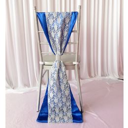 50PCS 32cm x 200cm White Hard Yarn Lace and Royal Blue Satin Sash With Plastic Shinny Buckle For Wedding Party Hotel Use