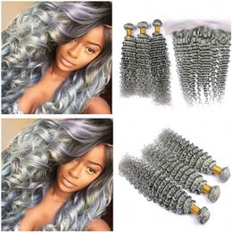 Deep Wave Wavy Peruvian Grey Colour Virgin Hair Weaves with Ear to Ear Frontal Silver Grey 13x4 Full Lace Frontal Closure with 3Bundles