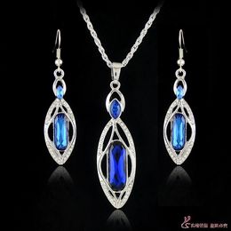 Fashion High Quality White Gold Plated Crystal Gem Drop Pendant Necklace Earring Jewellery Sets 10Set/lot