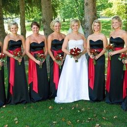 Summer Black And Red Bridesmaid Dresses Sweetheart Satin Dresses Evening Gown Long Affordable Empire Red Bow Country Maid Of Honor Dress