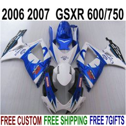suzuki gsxr 600 fairings UK - Plastic fairing kit for SUZUKI GSX-R600 GSX-R750 06 07 K6 fairings GSXR 600 750 2006 2007 white blue Corona bodywork set V33F