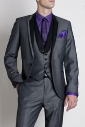 Custom Made One Button Grey Groom Tuxedos Peak Black Lapel Best Man Groomsmen Men Wedding Suits Bridegroom (Jacket+Pants+Tie+Vest)