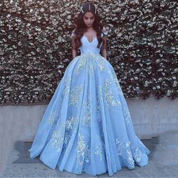Vestido De Festa Elegant V Neck Dress Lace Appliqued Long Evening Dress Cap Sleeve Blue Formal Prom Party Dresses Evening Gowns Vestido Longo