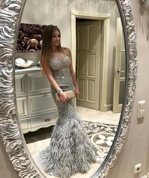 new silver mermaid feather dresses evening wear crystal beaded appliqued sheer jewel neck formal prom gowns luxury long pageant dress