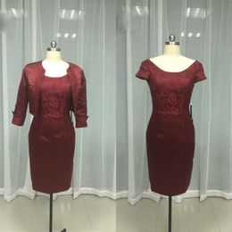 Real Photos 2017 Burgundy Lace Satin Knee Length Mother Of The Bride Dresses With 3/4 Long Sleeve Jackets Formal Dress Custom EN112112