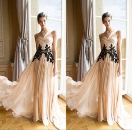Long Prom Dresses 2016 Black Lace Appliqued A Line Chiffon vestido de festa longo Women Formal Evening Dress Party Gowns robe de soiree