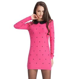 SZ767 Autumn/Winter 2015 New Beaded Doll Collar Women's Long Sleeve Polka Dot Knitted Dress Vestidos Femininas