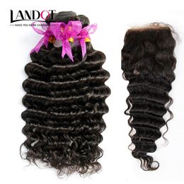 5Pcs Lot Peruvian Deep Wave Curly Virgin Hair With Closure 8A Unprocessed Human Hair Weaves 4Bundles And 1Pieces Lace Closures Natural Colour