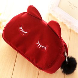 Lady Women Cosmetic Bags Makeup Purses Case Flannel Polyester Size 19*5*12cm Cartoon Cat Portable Travel