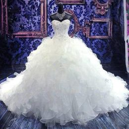 Wedding Dresses Cheap Bridal Gowns Princess Sweetheart Corset Organza Cathedral Church Ball Gown Real Sample Ruffle Dress with Beading