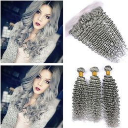 Silver Grey Brazilian Deep Wave Virgin Human Hair 3Bundles with Frontal Closure 4Pcs Lot Pure Grey 13x4 Full Lace Frontal with Weaves