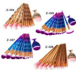 3D Mermaid Makeup Brush Sets 11 13pcs Diamond Professional Cosmetic Blush Foundation Big Fish Tail Colourful Make Up Brushes Kits