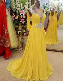 Yellow Prom Dresses V Neck Crystals Beading Pleats Chiffon Bridesmaid Dresses High Quality Special Design Cheap Evening Dresses Long