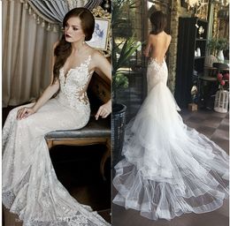 Gorgeous 2017 Sexy Illusion Bodice Sheer V Neck Lace Mermaid Wedding Dresses With Tulle Tiered Detachable Skirt Chapel Bridal Gowns EN11096