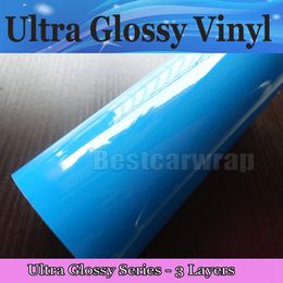 Azure Blue Ultra Glossy Vinyl wrap with 3 Layers High Gloss blue Shiny Car Wrap Film Graphics with air Free Vheicle stickers 1.52*20M/Roll